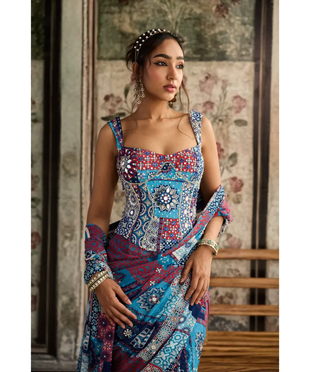 DIYARAJVVIR - Teal Print and Highlighted Corset Blouse with Pre-Draped Classic Saree Set